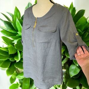 Ellen Tracy-Linen blouse. Size small. Gray with gold tassel/zipper. Gorgeous EUC